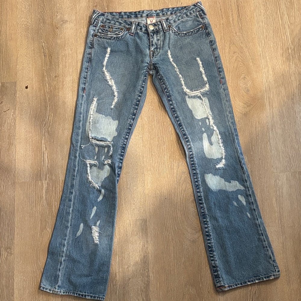 True Religion Light Blue Distressed Straight Leg Jeans